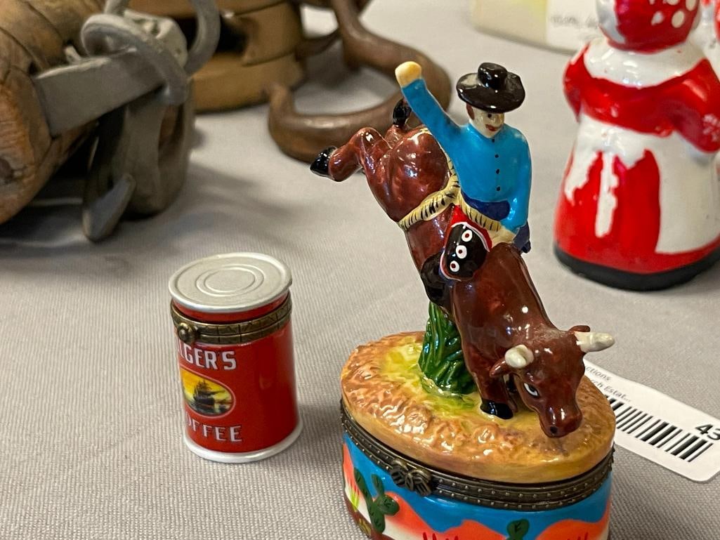 PORCELAIN AND CERAMIC FIGURAL TRINKET BOXES COWBOY BOOTS, BULL RIDER AND FOLGERS CAN - 3