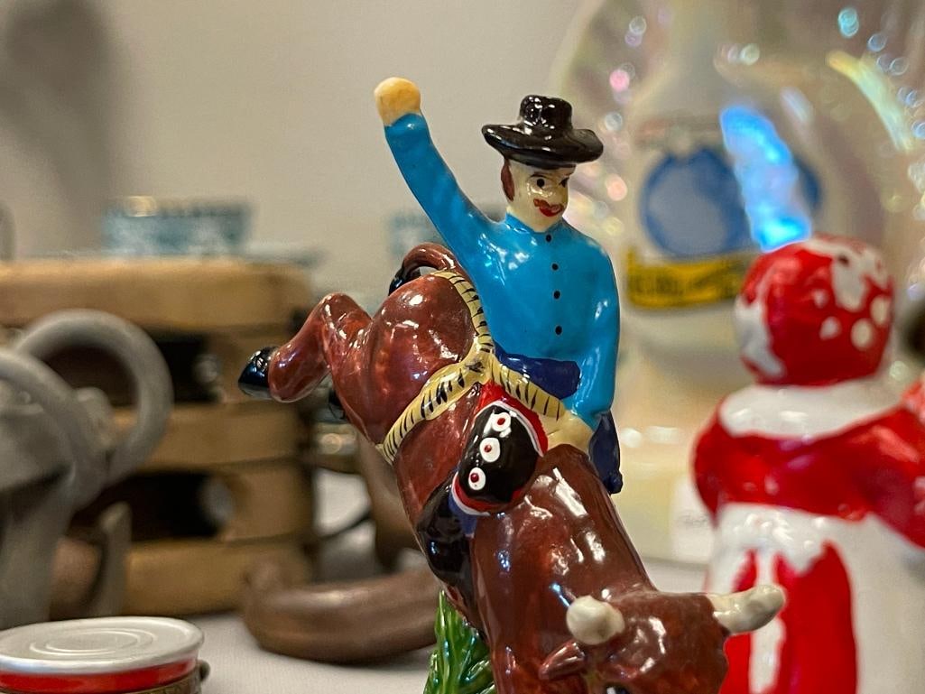 PORCELAIN AND CERAMIC FIGURAL TRINKET BOXES COWBOY BOOTS, BULL RIDER AND FOLGERS CAN - 4