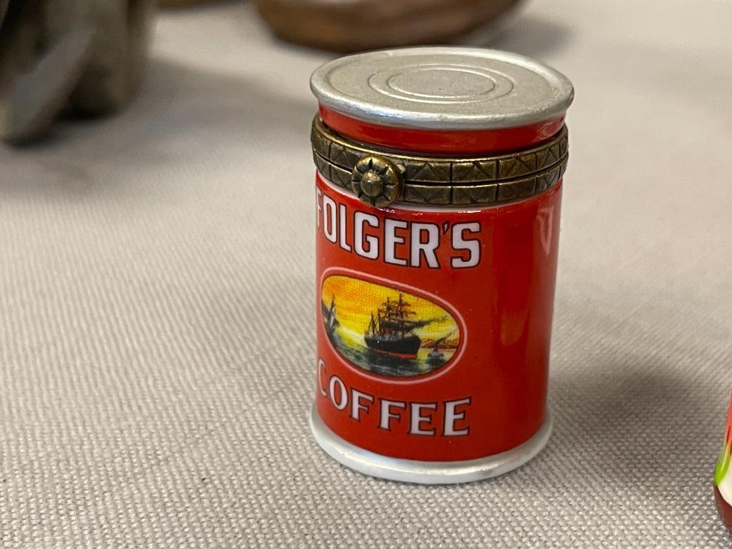 PORCELAIN AND CERAMIC FIGURAL TRINKET BOXES COWBOY BOOTS, BULL RIDER AND FOLGERS CAN - 5