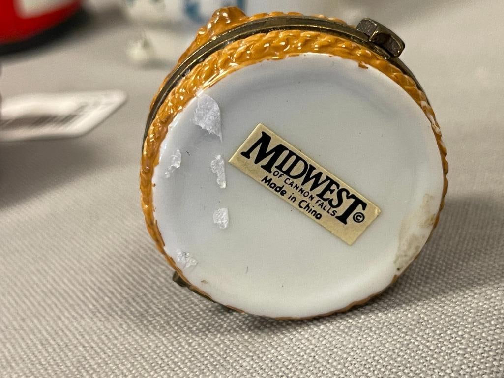 PORCELAIN AND CERAMIC FIGURAL TRINKET BOXES COWBOY BOOTS, BULL RIDER AND FOLGERS CAN - 8