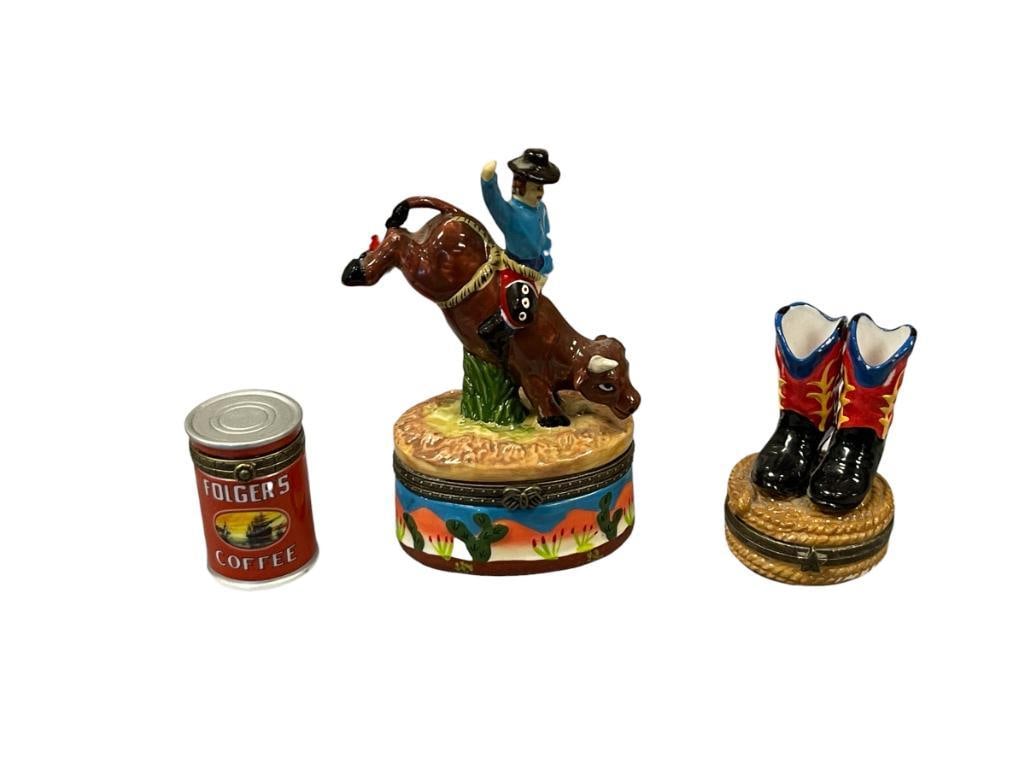 PORCELAIN AND CERAMIC FIGURAL TRINKET BOXES COWBOY BOOTS, BULL RIDER AND FOLGERS CAN - 9