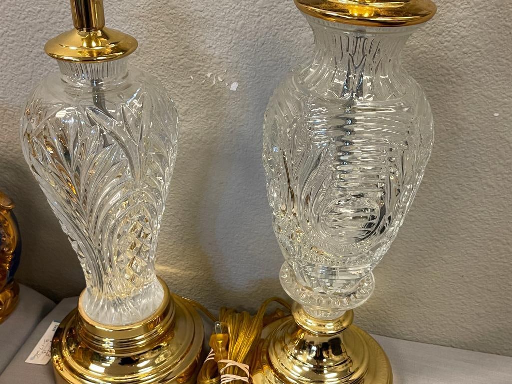 TWO CRYSTAL TABLE LAMPS WITH BRASS BASE AND TOP TRIM - 2