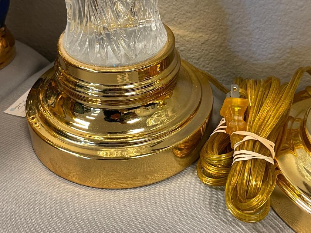 TWO CRYSTAL TABLE LAMPS WITH BRASS BASE AND TOP TRIM - 6