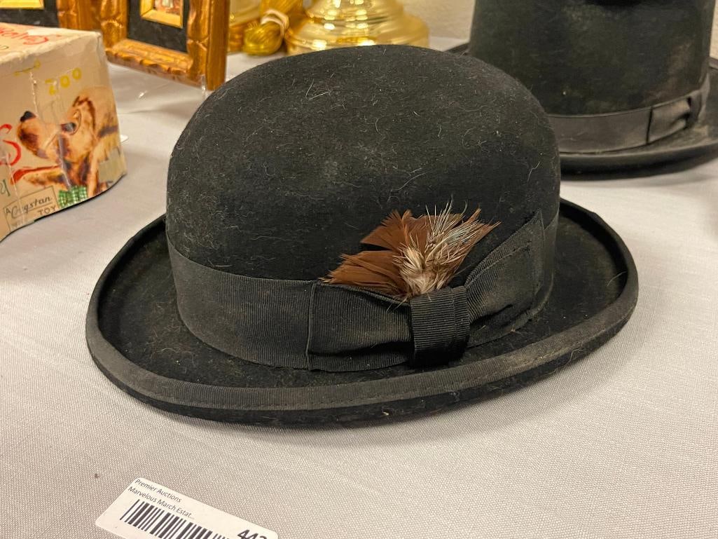 TWO MENS BLACK FELT HATS, HATS IN THE BELFRY BOWLERS AND TOP HAT SIZE MEDIUM AND LARGE - 2