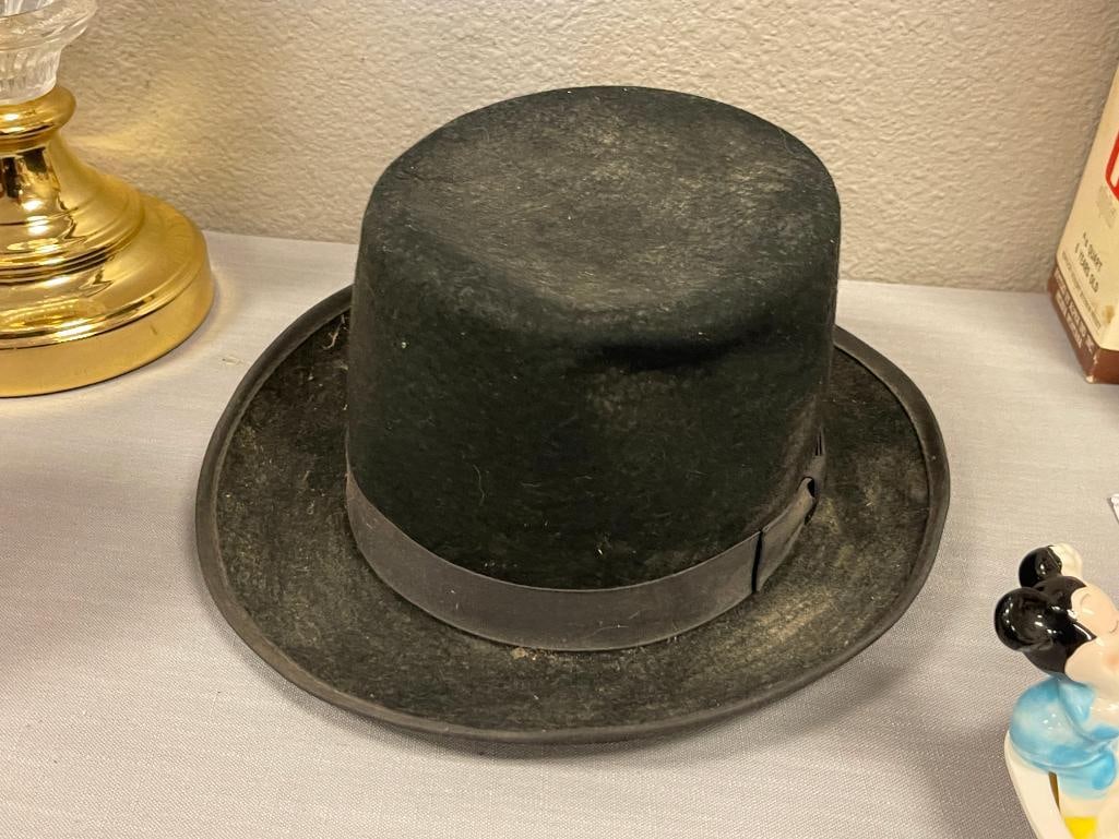 TWO MENS BLACK FELT HATS, HATS IN THE BELFRY BOWLERS AND TOP HAT SIZE MEDIUM AND LARGE - 6