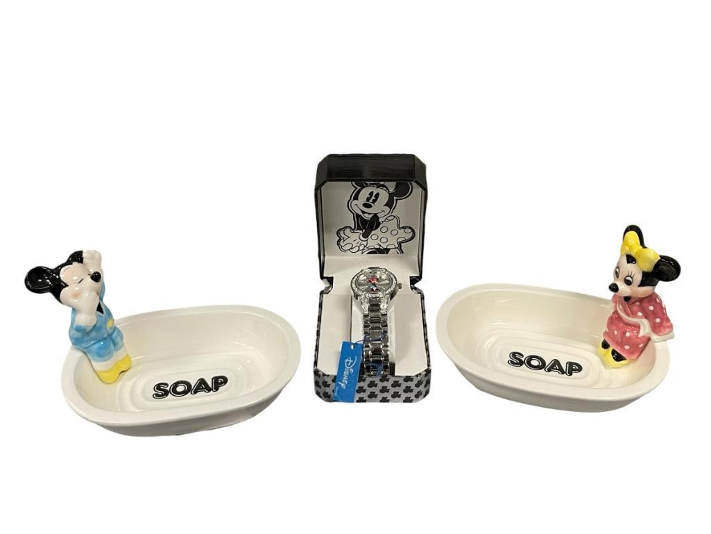DISNEY MICKEY AND MINNIE INDIVIDUAL CERAMIC FIGURAL SOAP DISHES AND MINNIE WRIST WATCH: WRISTWATCH IS IN ORIGINAL BOX, WILL NEED NEW BATTERY 5 1/2" SOAP DISHES