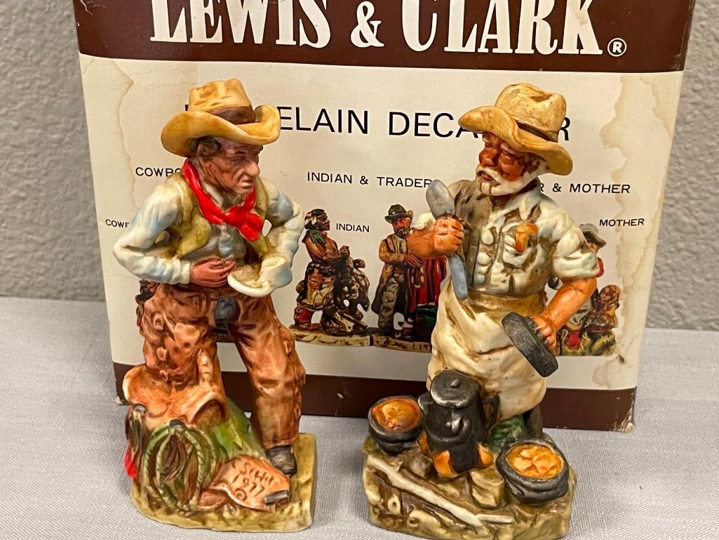 THREE SETS OF LEWIS & CLARK CERAMIC DECANTERS TWO SETS OF COWBOY AND COOK AND INDIAN AND TRADER - 2