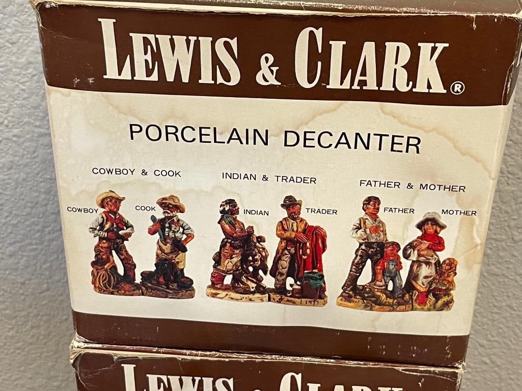 THREE SETS OF LEWIS & CLARK CERAMIC DECANTERS TWO SETS OF COWBOY AND COOK AND INDIAN AND TRADER - 6