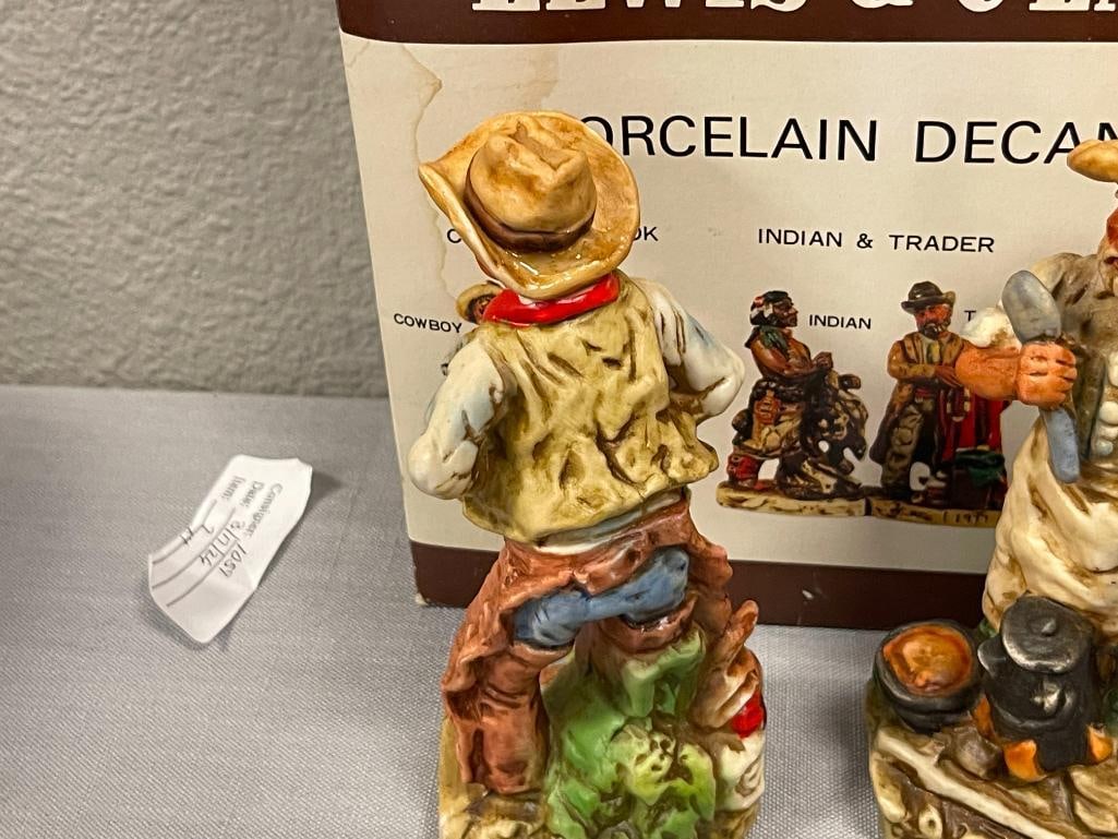THREE SETS OF LEWIS & CLARK CERAMIC DECANTERS TWO SETS OF COWBOY AND COOK AND INDIAN AND TRADER - 7