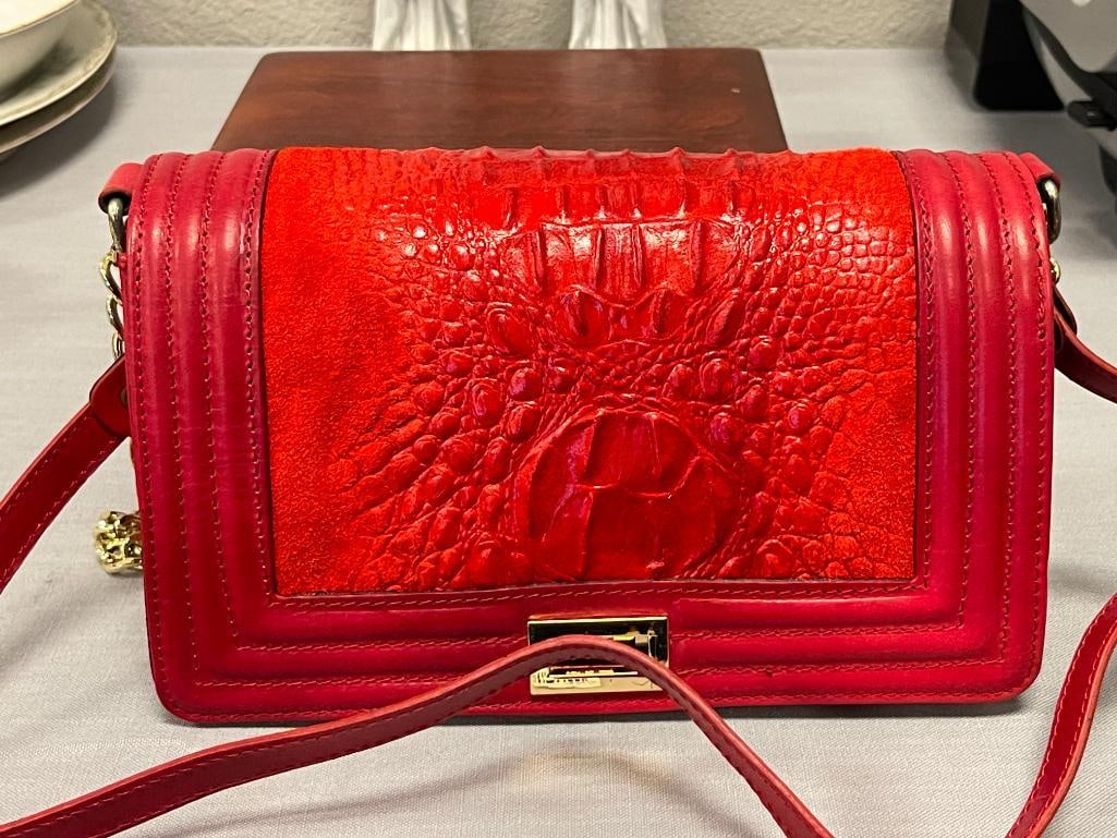 SOPHIA REBECA BRIGHT RED LEATHER SATCHEL WITH ALLIGATOR GRAIN FLAP - 2