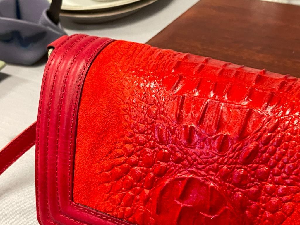 SOPHIA REBECA BRIGHT RED LEATHER SATCHEL WITH ALLIGATOR GRAIN FLAP - 3