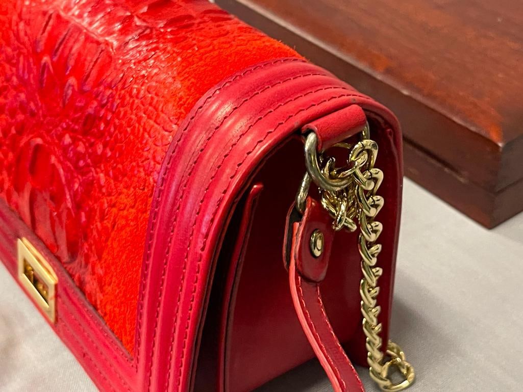 SOPHIA REBECA BRIGHT RED LEATHER SATCHEL WITH ALLIGATOR GRAIN FLAP - 4
