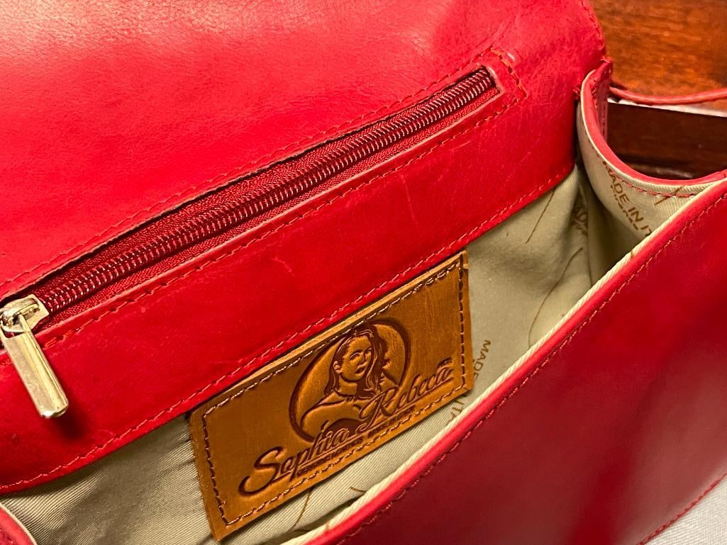 SOPHIA REBECA BRIGHT RED LEATHER SATCHEL WITH ALLIGATOR GRAIN FLAP - 5