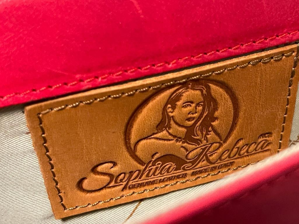 SOPHIA REBECA BRIGHT RED LEATHER SATCHEL WITH ALLIGATOR GRAIN FLAP - 6