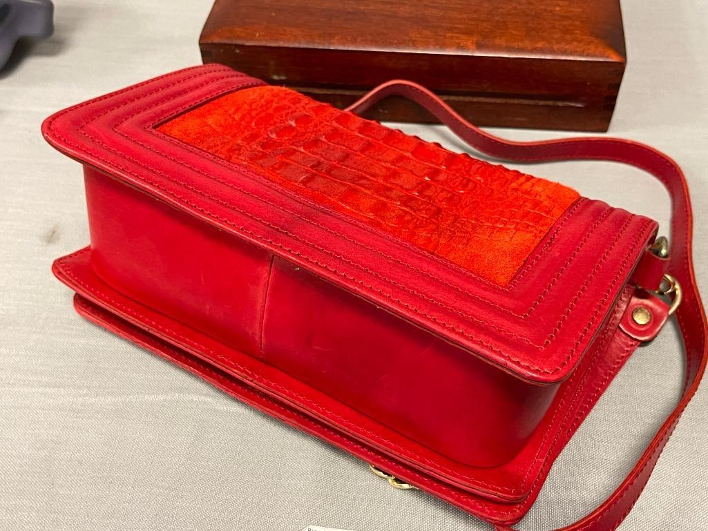 SOPHIA REBECA BRIGHT RED LEATHER SATCHEL WITH ALLIGATOR GRAIN FLAP - 7