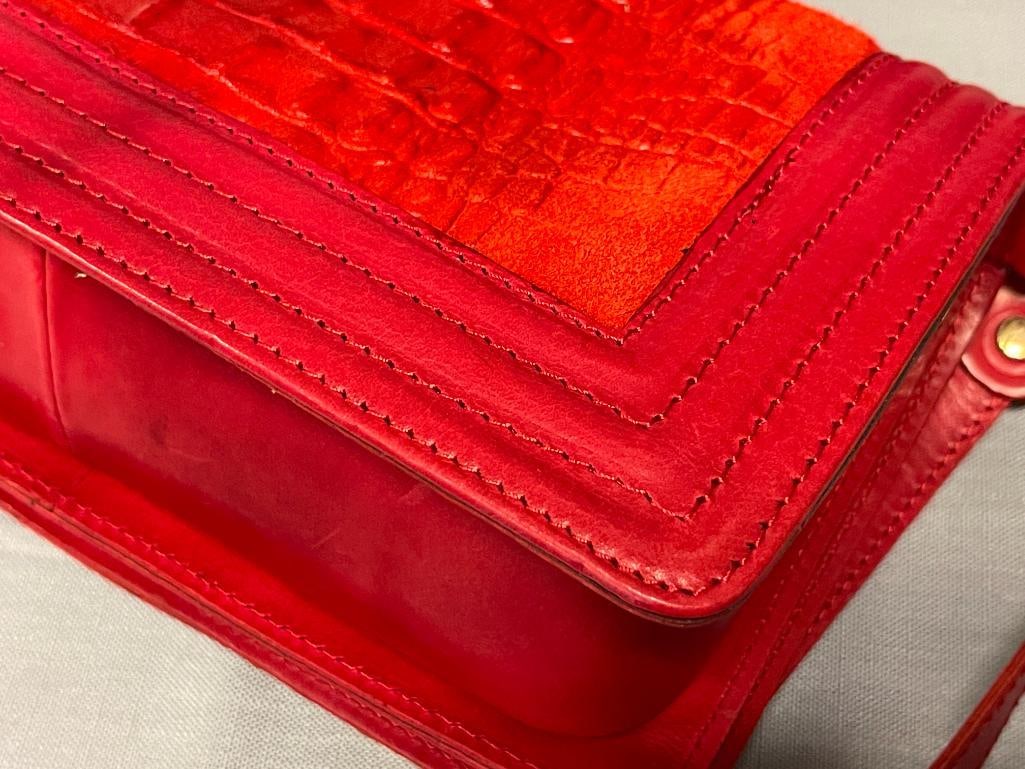 SOPHIA REBECA BRIGHT RED LEATHER SATCHEL WITH ALLIGATOR GRAIN FLAP - 8