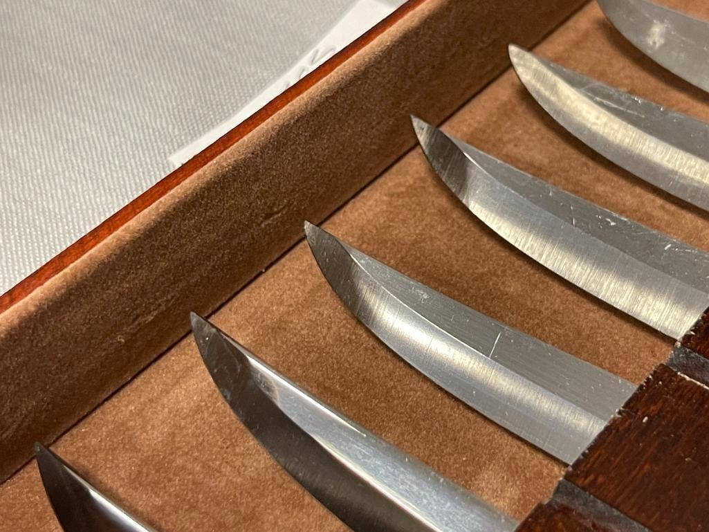 BLAIR HOUSE AMWAY STAINLESS STEEL VINTAGE STEAK KNIVES SET IN WOODEN CASE - 4