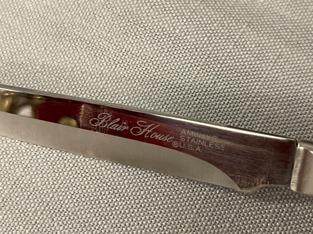 BLAIR HOUSE AMWAY STAINLESS STEEL VINTAGE STEAK KNIVES SET IN WOODEN CASE - 5