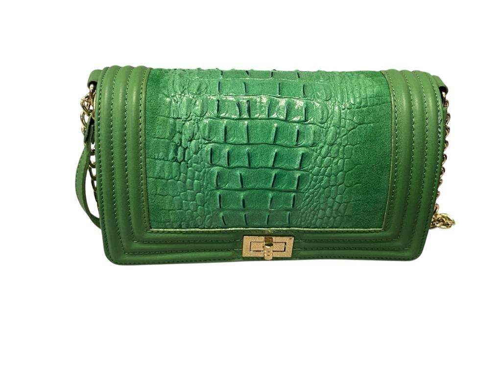 SOPHIA REBECA GREEN LEATHER SATCHEL WITH ALLIGATOR GRAIN FLAP: GOLD HARDWARE WITH LEATHER AND CHAIN STRAP, SHOWS LIGHT WEAR, OVERALL IN GOOD CONDITION 10" X 3" X 6" 