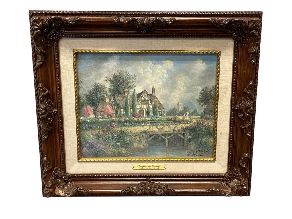 DENNIS PATRICK LEWMAN LIMITED EDITION PRINT ON CANVAS KINGSBEARY COTTAGE NO. 390/400: HAS BEEN RETOUCHED WITH OIL BY ARTIST, SIGNED LOWER RIGHT, FRAMED 15" X 13" FRAME