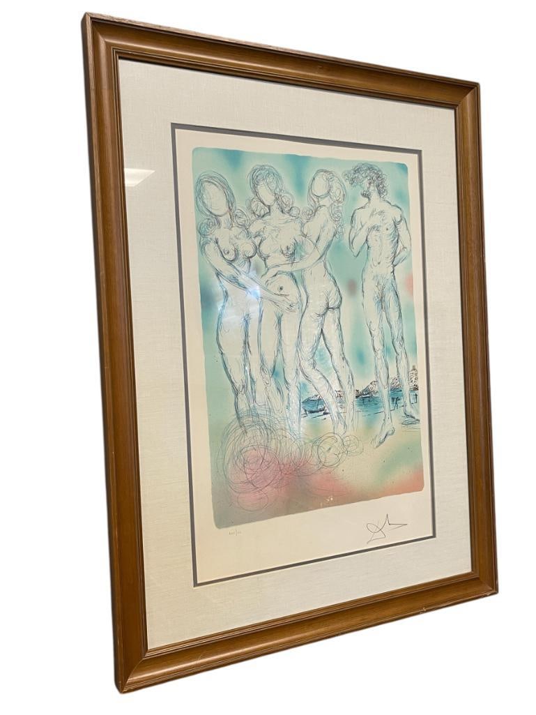 SALVADOR DALI RENOWN SURREALIST ARTIST SIGNED LIMITED EDITION LITHOGRAPH THE JUDGEMENT OF PARIS: SALVADOR DALI (1904-1989) RENOWN SPANISH SURREALIST ARTIST KNOWN FOR HIS HALLUCINATORY PAINTINGS AND UNIQUE VISION, LITHOGRAPH DEPICTS THREE NUDE WOMAN NEAR NUDE MALE IN SURREAL STYLE, SIGNED LOWER