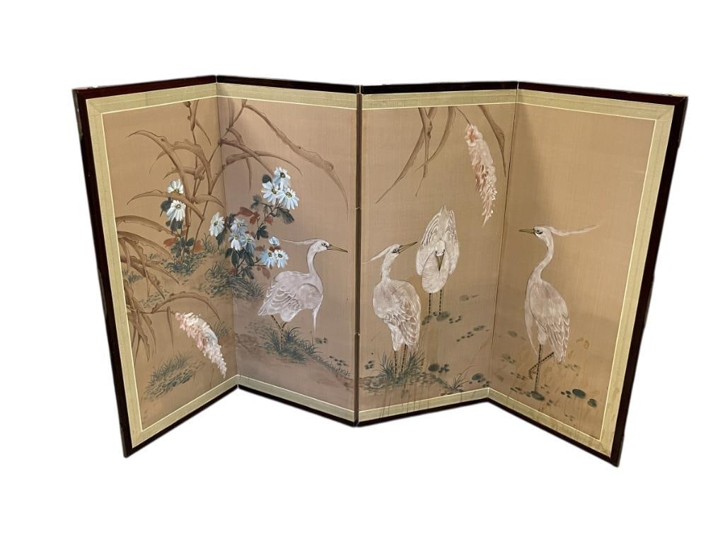 FOUR PIECE JAPANESE BYOBU HAND PAINTED SILK PANEL WITH WADING EGRETS AND FLOWERS: DEEP RED FINISH WOOD FRAME WITH HAND PAINTED SCENE OF EGRETS AND FLOWERS, AS FOUND HAS LIQUID STAIN ALONG THE BOTTOM EDGE, PIERCED BRASS DECORATIVE HANGERS 60" X 34 1/2"