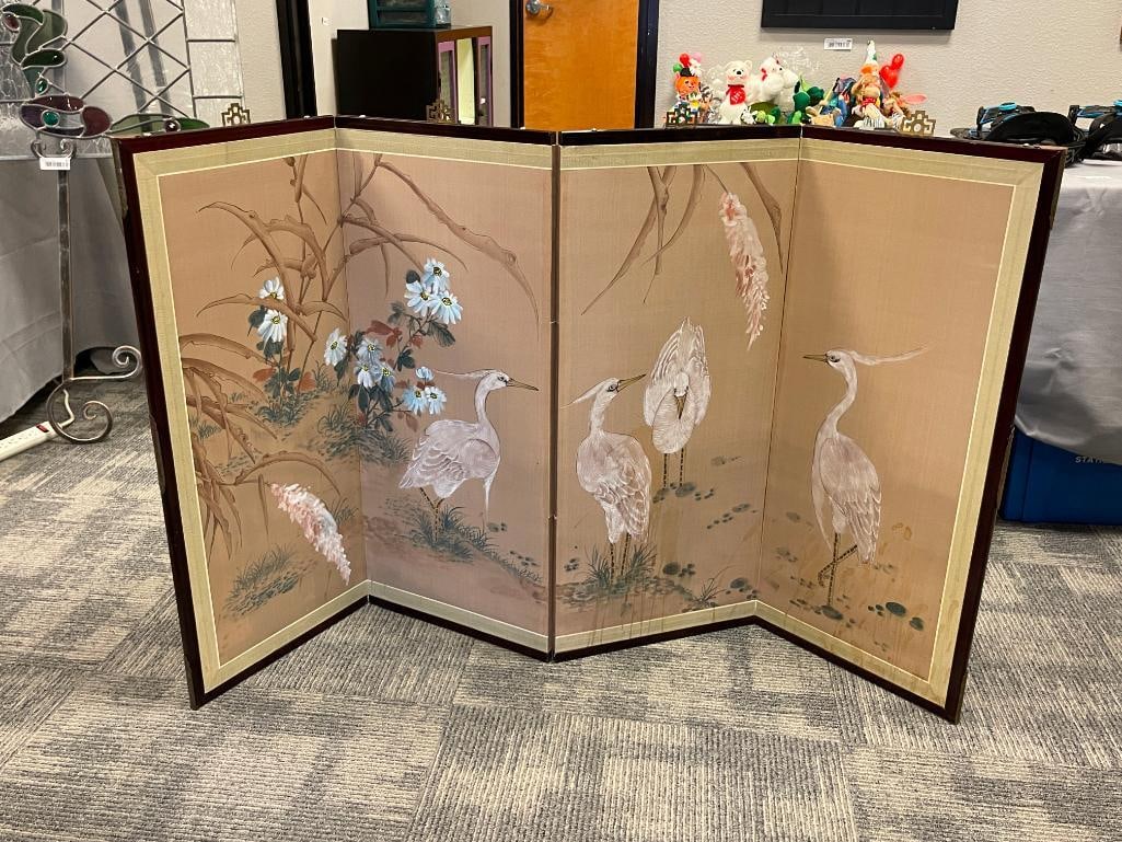 FOUR PIECE JAPANESE BYOBU HAND PAINTED SILK PANEL WITH WADING EGRETS AND FLOWERS - 2