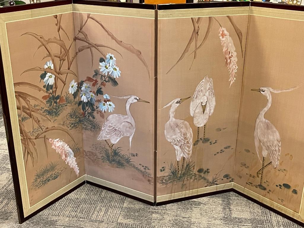 FOUR PIECE JAPANESE BYOBU HAND PAINTED SILK PANEL WITH WADING EGRETS AND FLOWERS - 3