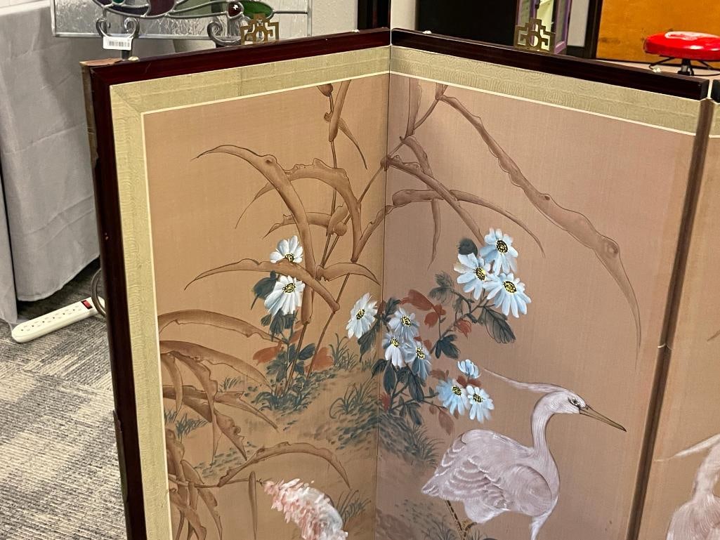 FOUR PIECE JAPANESE BYOBU HAND PAINTED SILK PANEL WITH WADING EGRETS AND FLOWERS - 4