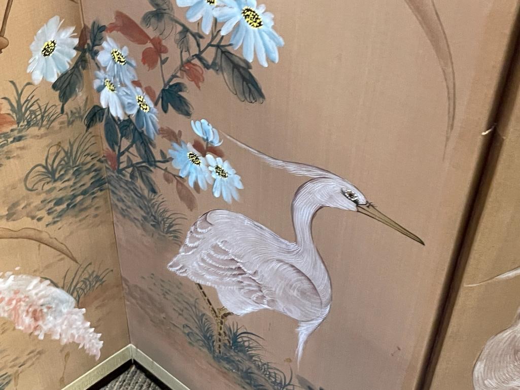 FOUR PIECE JAPANESE BYOBU HAND PAINTED SILK PANEL WITH WADING EGRETS AND FLOWERS - 5
