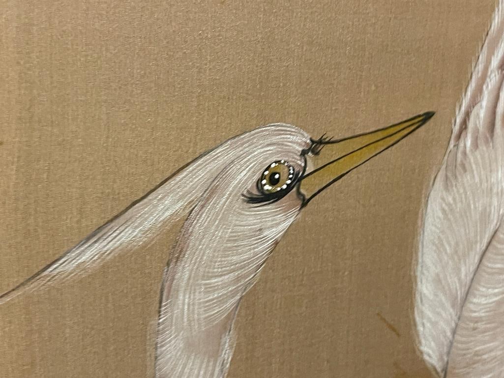 FOUR PIECE JAPANESE BYOBU HAND PAINTED SILK PANEL WITH WADING EGRETS AND FLOWERS - 6