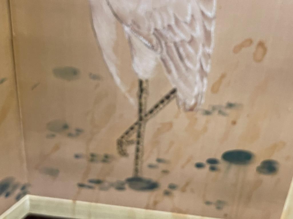 FOUR PIECE JAPANESE BYOBU HAND PAINTED SILK PANEL WITH WADING EGRETS AND FLOWERS - 7