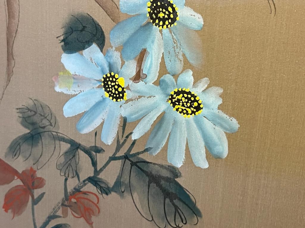 FOUR PIECE JAPANESE BYOBU HAND PAINTED SILK PANEL WITH WADING EGRETS AND FLOWERS - 8