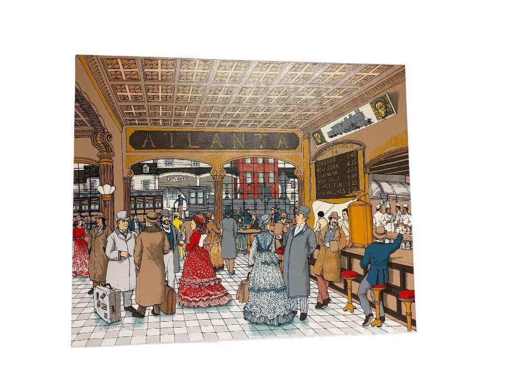 LIMITED EDITION SERIGRAPH PRINT ON CANVAS " ATLANTA TRAIN STATION " BY H. HARGROVE AND SIGNED: PSEUDONYM OF NICOLO STURIANO, AN ITALIAN BORN ARTIST (1941-) LISTED NEW YORK ARTIST, UNFRAMED, HAS CONCEPTS IN ART LABEL FROM WNITER PARK, FLORIDA ON BACK, COLLECTOR SERIES 5120, SIGNED BY ARTIST IN L
