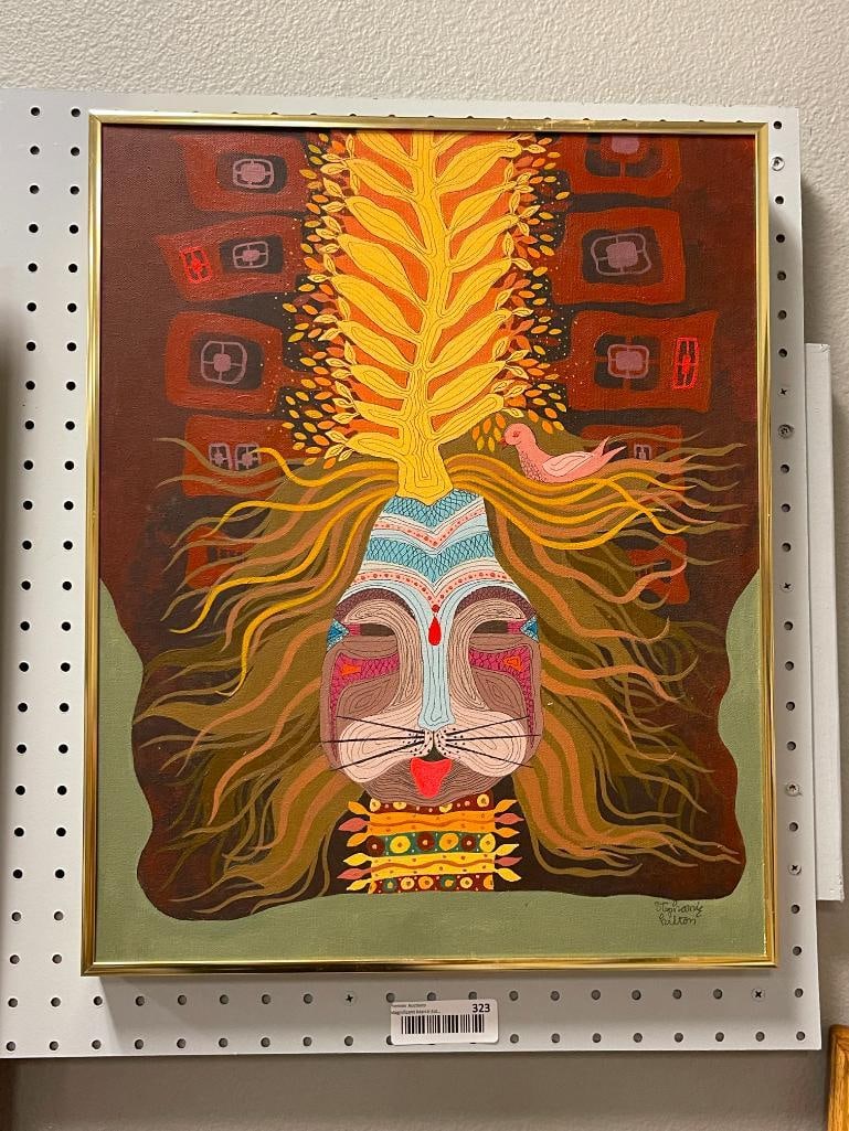 STEPHANIE HILTON LOCAL RENO, NV ARTIST ACRYLIC PAINTING TITLED MASK #2 1998: STEPHANIE HILTON WAS A DEALER AT HAROLDS CLUB IN THE 1960'S WHO RETIRED AFTER 30 YEARS AND BEGAN PAINTING, WHIMSICAL ART DEPICTS VIBRANT PAINTING OF A STYLIZED LION MASK WITH TREE AND BIRD, SIGNED LOW