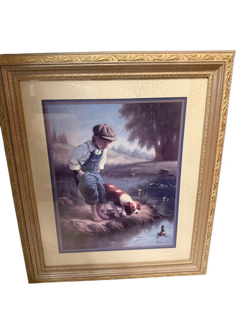 " BOY AND HIS DOG WATCHING A BABY DUCK " PRINT BY MARK ARIAN: DEPICTS YOUNG BOY WITH HIS DOG OBSERVING A DUCK IN A POND, FRAMED AND MATTED 24" X 28" FRAME 