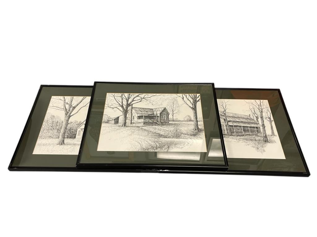 ROBERT HOLLINGSWORTH AMERICAN ARTIST BLACK AND WHITE PRINTS OF ETCHINGS: ROBERT HOLLINGSWORTH (1910-1944) AMERICAN ARTIST BLACK AND WHITE PRINTS OF AN OLD SCHOOL HOUSE, AND TWO OF EARLY AMERICAN HOMES, EACH PRINT IS PLATE SIGNED, CIRCA 1980'S - 1970'S, FRAMED SHOW WEA