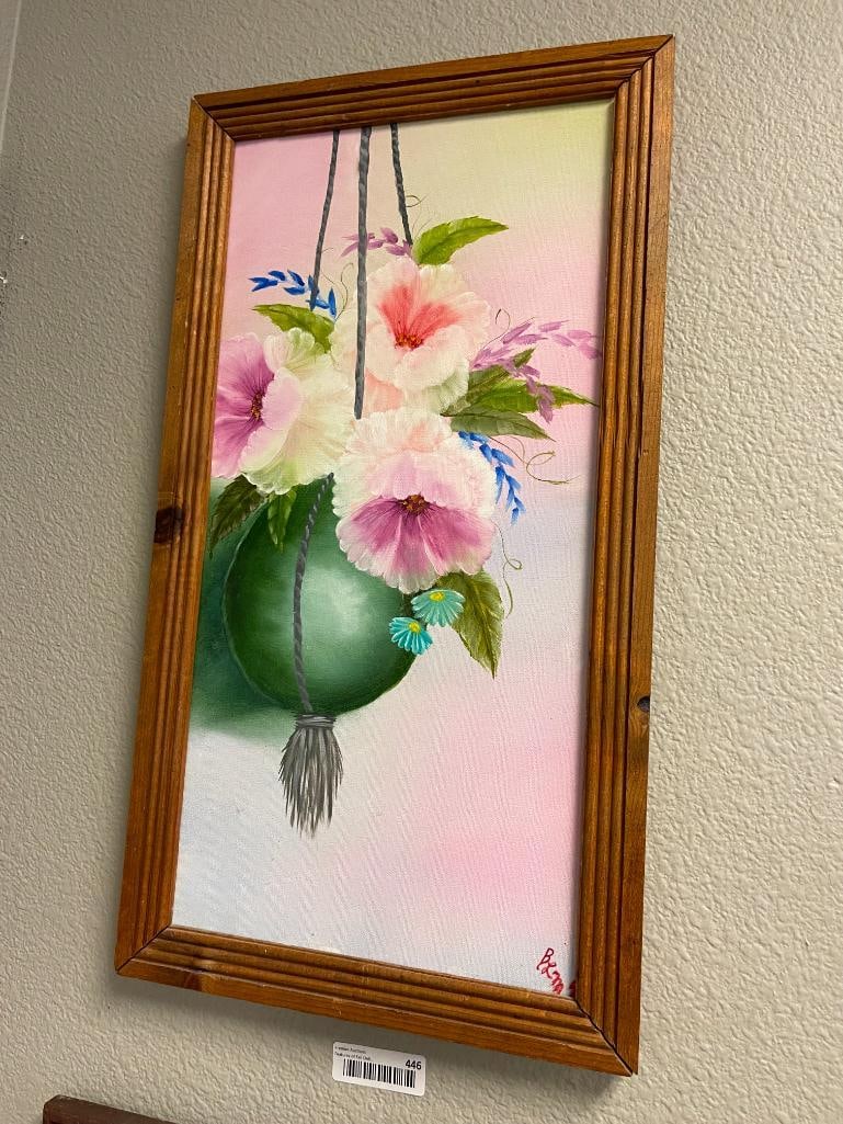 1997 ORIGINAL ACRYLIC ON CANVAS STILL LIFE PAINTING ON CANVAS OF A HANGING POT WITH FLOWERS - 2