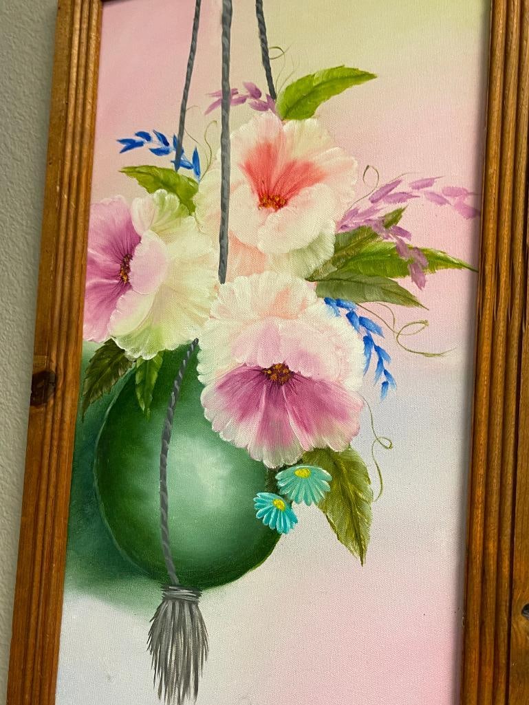 1997 ORIGINAL ACRYLIC ON CANVAS STILL LIFE PAINTING ON CANVAS OF A HANGING POT WITH FLOWERS - 3