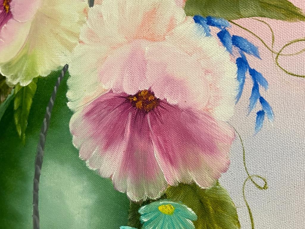 1997 ORIGINAL ACRYLIC ON CANVAS STILL LIFE PAINTING ON CANVAS OF A HANGING POT WITH FLOWERS - 4