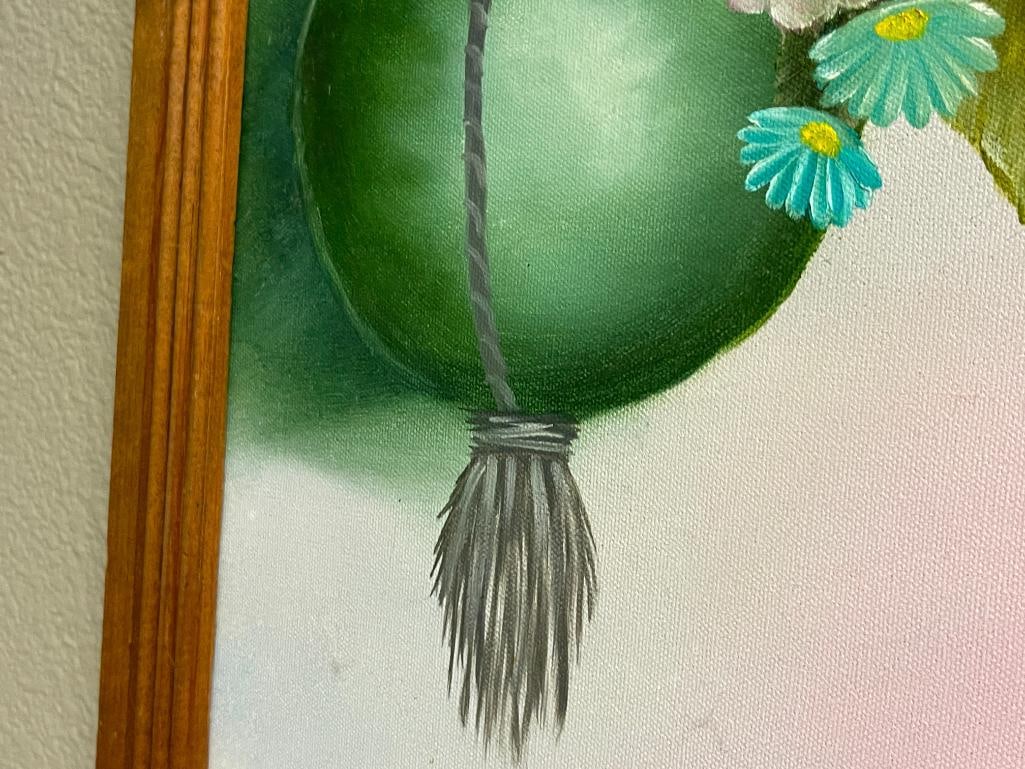 1997 ORIGINAL ACRYLIC ON CANVAS STILL LIFE PAINTING ON CANVAS OF A HANGING POT WITH FLOWERS - 5