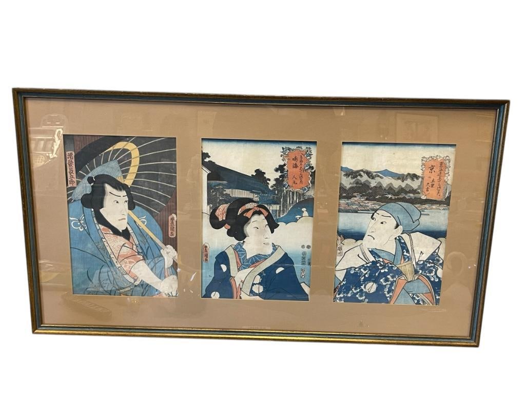 KUNISADA / UTAGAWA TOYOKUNI III JAPANESE UKIYO-E ARTIST WOODBLOCK PRINTS EDO PERIOD CIRCA 1603-1868: KUNISADA(1786-1865) WAS CONSIDERED THE MOST POPULAR AND PROLIFIC COMMERCIALLY SUCCESSFUL DESIGNER OF UKIYO-E WOODBLOCK PRINTS OF THE 19TH CENTURY, EDO PERIOD, SET OF THREE WOODBLOCK PRINTS EACH DEPICT