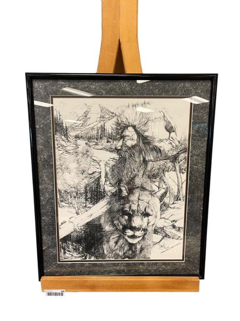 FRANKLIN DUNCAN WESTERN WILDLIFE PRINT OF A TRAPPER AND MOUNTAIN LION: DATED 1995, ART DEPICTS PORTRAIT OF A TRAPPER AND A MOUNTAIN LION WITH FOREST SCENE IN THE BACKGROUND, SIGNED LOWER RIGHT, FRAMED 21" X 25" FRAME 