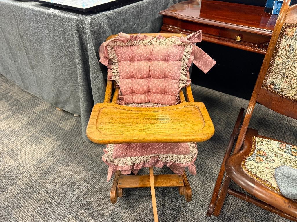VINTAGE CHILD'S WOOD FRAME ROCKING CHAIR WITH PINK UPHOLSTERY CUSHIONS THAT ARE REMOVABLE - 2