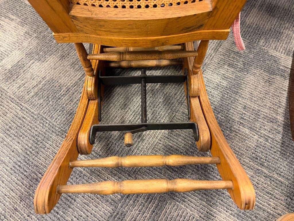 VINTAGE CHILD'S WOOD FRAME ROCKING CHAIR WITH PINK UPHOLSTERY CUSHIONS THAT ARE REMOVABLE - 5
