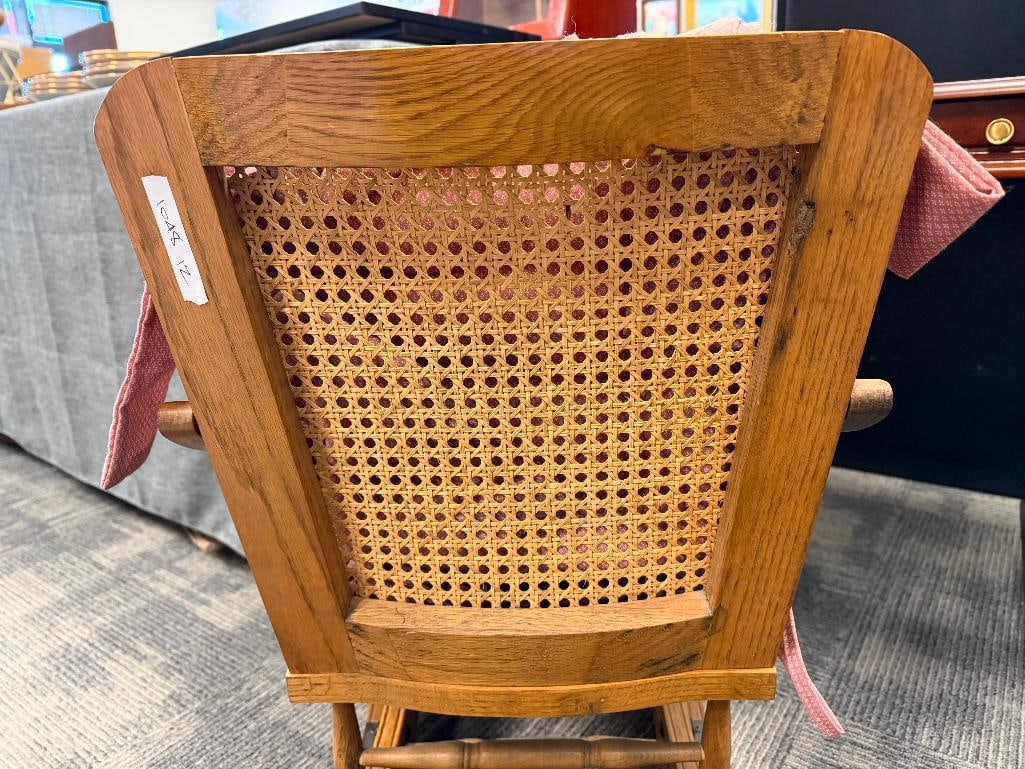 VINTAGE CHILD'S WOOD FRAME ROCKING CHAIR WITH PINK UPHOLSTERY CUSHIONS THAT ARE REMOVABLE - 6