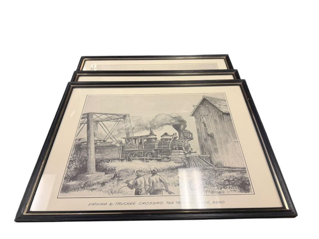 THREE 1968 LYLE V. BALL BLACK AND WHITE PRINTS FEATURING THE VIRGINIA & TRUCKEE V&T RAILROAD: INCLUDES "VIRGINIA & TRUCKEE DEPOT, VIRGINIA CITY," "VIRGINIA & TRUCKEE CROSSING THE TRUCKEE RIVER, RENO," AND "VIRGINIA & TRUCKEE, CARSON CITY TO VIRGINIA CITY THRU GOLD HILL", ALL FRAMED
