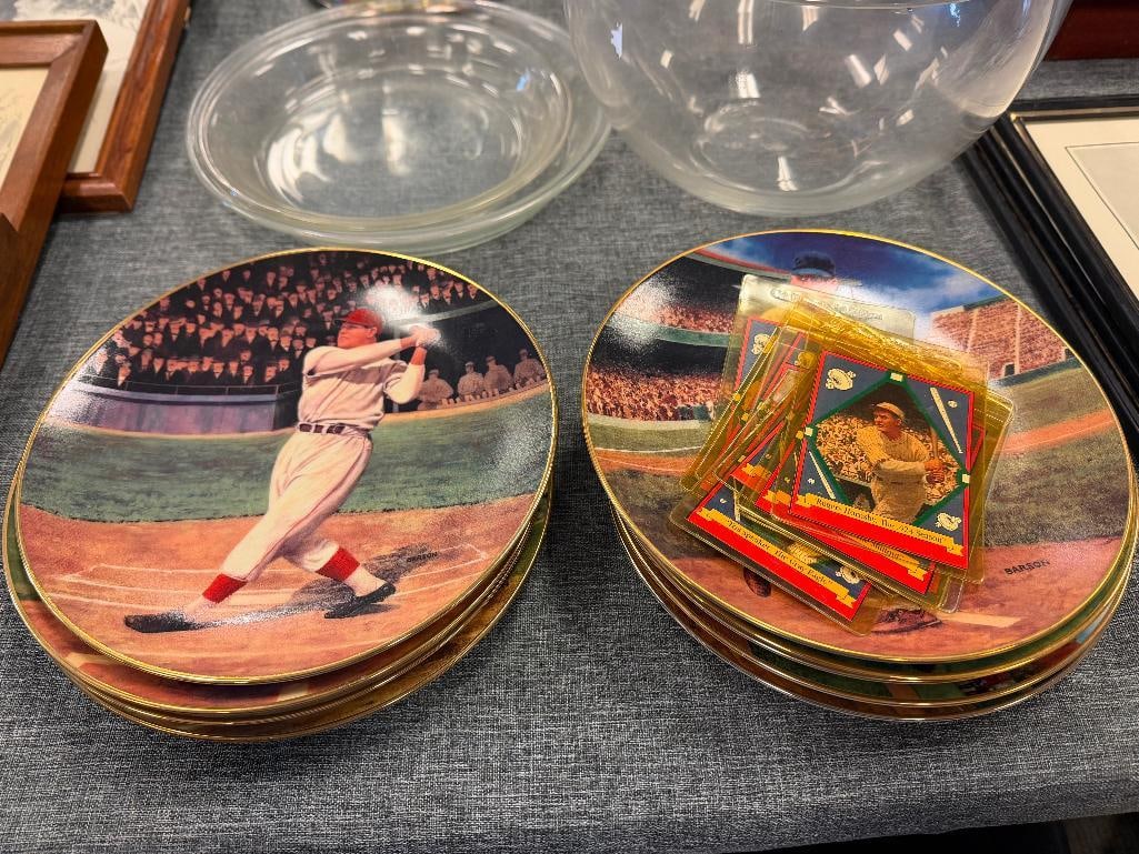 NINE 1990'S COLELCTOR PLATES BY JEFF BARSON COMMEMORATING BASEBALL LEGNEDS LIKE SHOELESS JOE JACK...: INCLUDES 10 EARLY 1990'S DELPHI BASEBALL CARDS INCLUDING CY YOUNG AND LOU GEHRIG, INCLUDES A PLATE AND CARD FOR EVERY PLAYER BUT MISSING ONE PLATE, NO CHIPS OR CRACKS PLATES ARE 8 1/4"