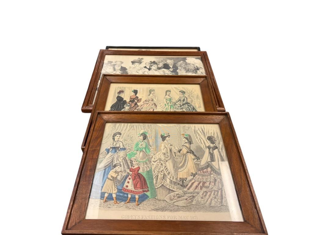 FOUR ANTIQUE FASHION PRINTS INCLUDING TWO HAND COLORED GODEY'S FASHIONS OF 1871: ALL FRAMED LARGEST IS 15 1/2" X 12" 