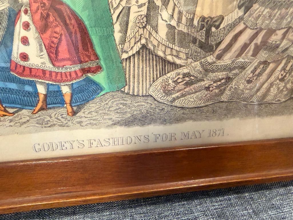 FOUR ANTIQUE FASHION PRINTS INCLUDING TWO HAND COLORED GODEY'S FASHIONS OF 1871 - 5
